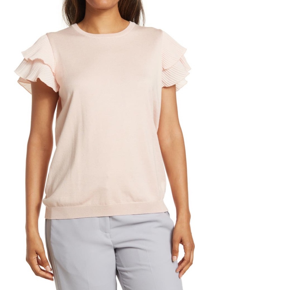 Adrianna Papell Crewneck Tiered Ruffle Sleeve Top In Pearl Blush - New W/Out tag